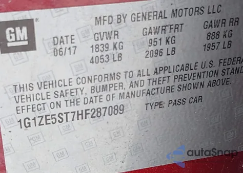 2017 Chevrolet Malibu 1Lt z USA, uszkodzony, nr VIN 1G1ZE5ST7HF287089